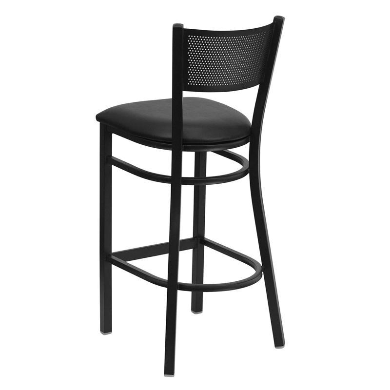 HERCULES Series Black Grid Back Metal Restaurant Barstool - Black Vinyl Seat - Back