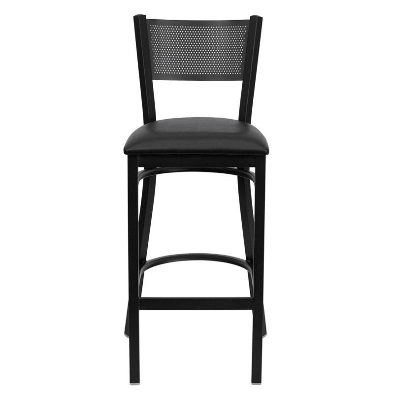 HERCULES Series Black Grid Back Metal Restaurant Barstool - Black Vinyl Seat - Front