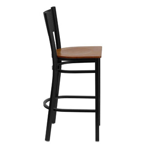 HERCULES Series Black Grid Back Metal Restaurant Barstool - Cherry Wood Seat