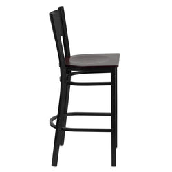HERCULES Series Black Grid Back Metal Restaurant Barstool - Mahogany Wood Seat - Side