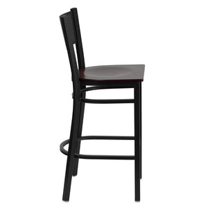 HERCULES Series Black Grid Back Metal Restaurant Barstool - Mahogany Wood Seat