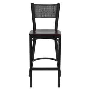 HERCULES Series Black Grid Back Metal Restaurant Barstool - Mahogany Wood Seat - Front