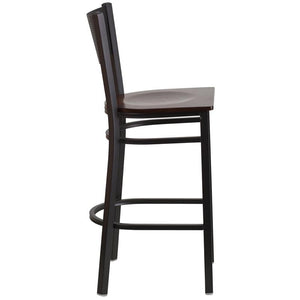 HERCULES Series Black Grid Back Metal Restaurant Barstool - Walnut Wood Seat