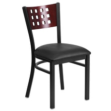 Load image into Gallery viewer, HERCULES Series Black Cutout Back Metal Restaurant Chair - Mahogany Wood Back, Black Vinyl Seat