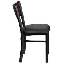 Load image into Gallery viewer, HERCULES Series Black Cutout Back Metal Restaurant Chair - Mahogany Wood Back, Black Vinyl Seat - Side