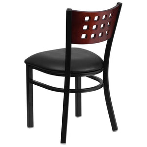 HERCULES Series Black Cutout Back Metal Restaurant Chair - Mahogany Wood Back, Black Vinyl Seat - Back