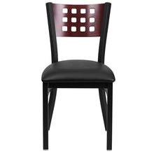 Load image into Gallery viewer, HERCULES Series Black Cutout Back Metal Restaurant Chair - Mahogany Wood Back, Black Vinyl Seat - Front