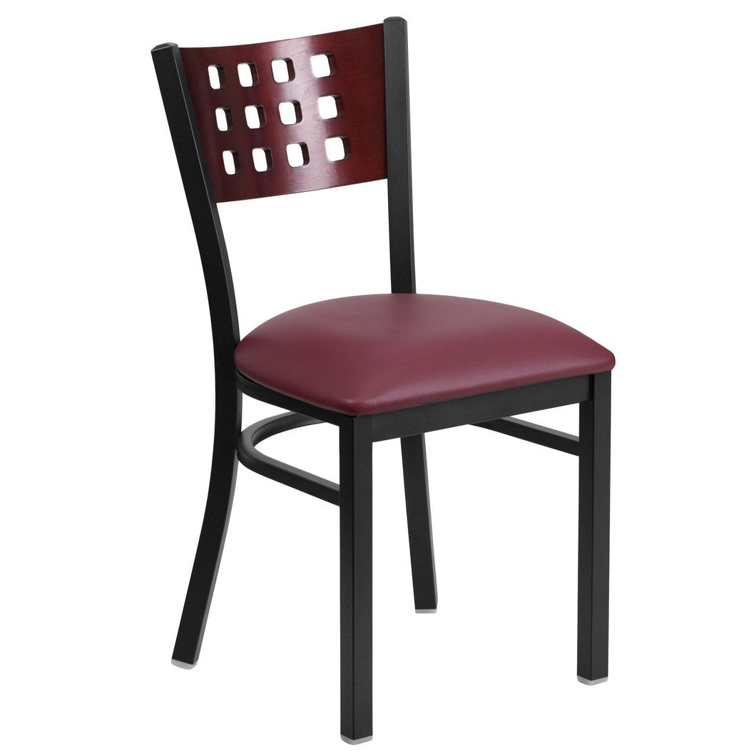 HERCULES Series Black Cutout Back Metal Restaurant Chair - Mahogany Wood Back, Burgundy Vinyl Seat