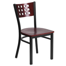 Load image into Gallery viewer, HERCULES Series Black Cutout Back Metal Restaurant Chair - Mahogany Wood Back &amp; Seat