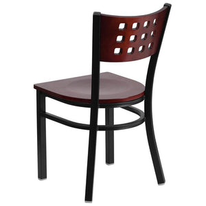 HERCULES Series Black Cutout Back Metal Restaurant Chair - Mahogany Wood Back & Seat - Back
