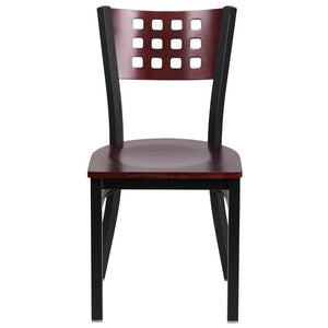 HERCULES Series Black Cutout Back Metal Restaurant Chair - Mahogany Wood Back & Seat - Front