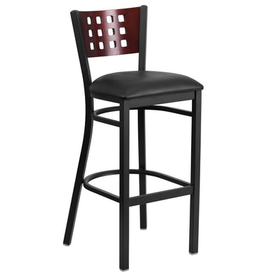 HERCULES Series Black Cutout Back Metal Restaurant Barstool - Mahogany Wood Back, Black Vinyl Seat