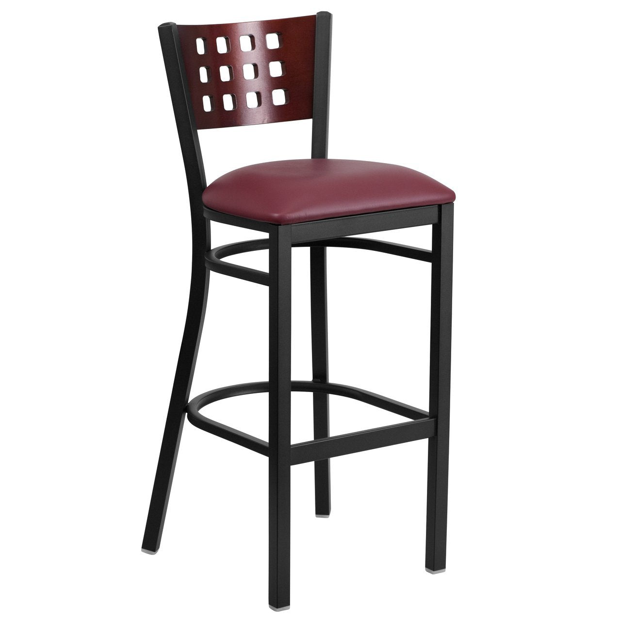 HERCULES Series Black Cutout Back Metal Restaurant Barstool - Mahogany Wood Back, Burgundy Vinyl Seat