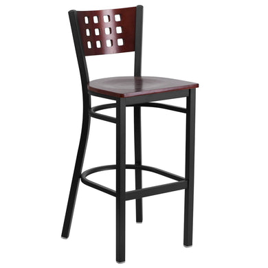 HERCULES Series Black Cutout Back Metal Restaurant Barstool - Mahogany Wood Back & Seat