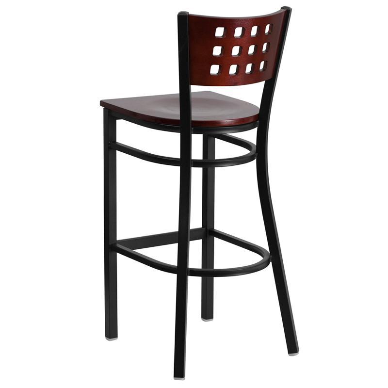 HERCULES Series Black Cutout Back Metal Restaurant Barstool - Mahogany Wood Back & Seat - Back