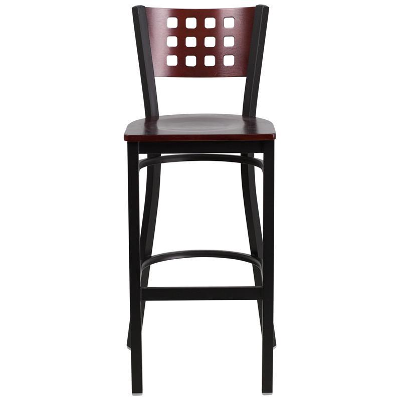 HERCULES Series Black Cutout Back Metal Restaurant Barstool - Mahogany Wood Back & Seat - Front