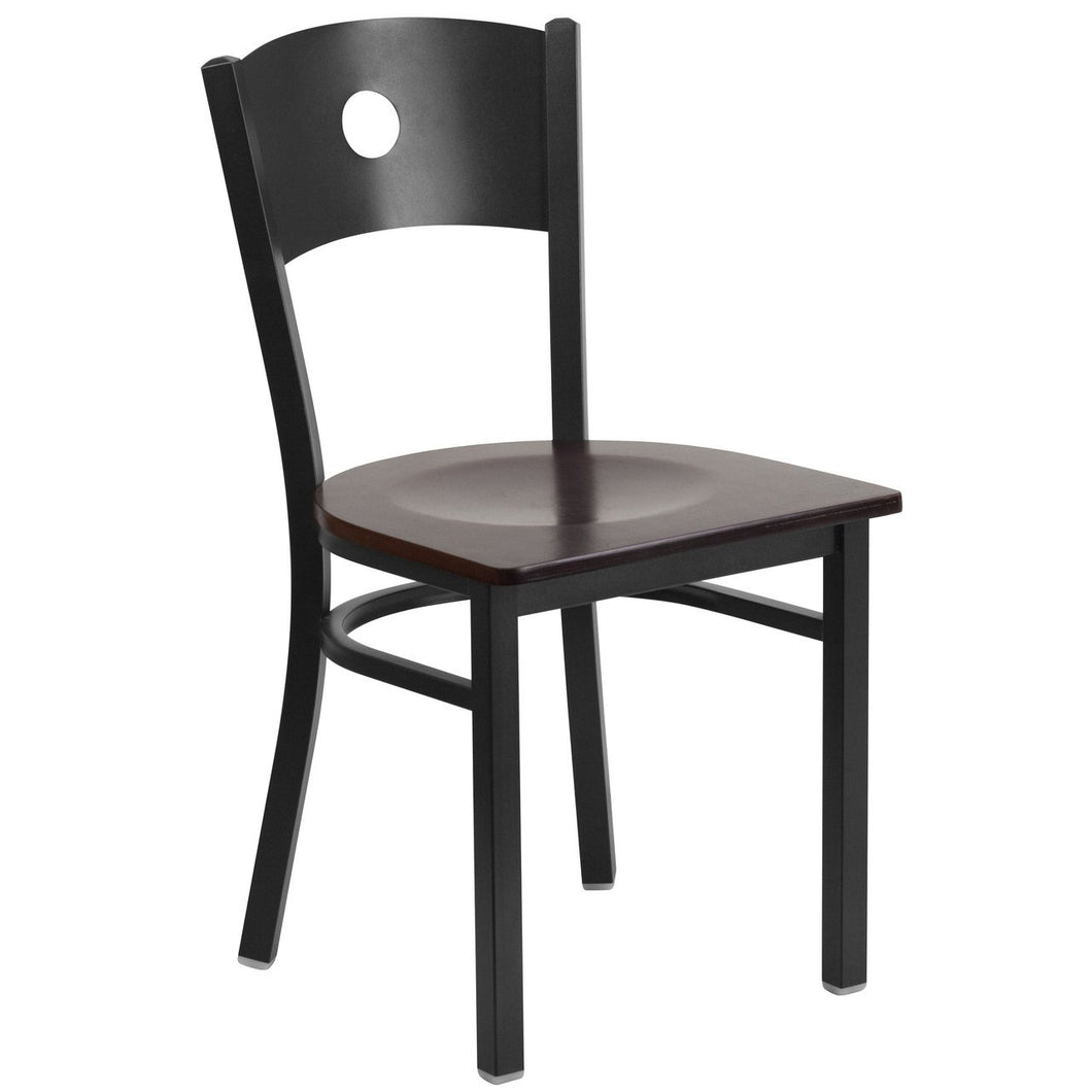HERCULES Series Black Circle Back Metal Restaurant Chair - Walnut Wood Seat