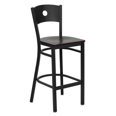 HERCULES Series Black Circle Back Metal Restaurant Barstool - Mahogany Wood Seat