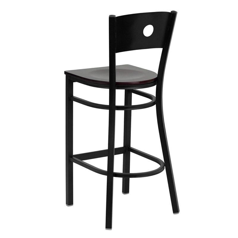HERCULES Series Black Circle Back Metal Restaurant Barstool - Mahogany Wood Seat - Back