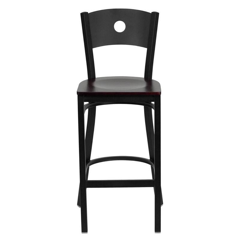 HERCULES Series Black Circle Back Metal Restaurant Barstool - Mahogany Wood Seat - Front
