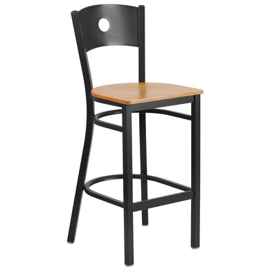 HERCULES Series Black Circle Back Metal Restaurant Barstool - Natural Wood Seat