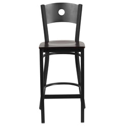 HERCULES Series Black Circle Back Metal Restaurant Barstool - Walnut Wood Seat - Front