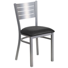 Load image into Gallery viewer, HERCULES Series Silver Slat Back Metal Restaurant Chair - Black Vinyl Seat