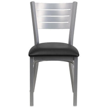 Load image into Gallery viewer, HERCULES Series Silver Slat Back Metal Restaurant Chair - Black Vinyl Seat