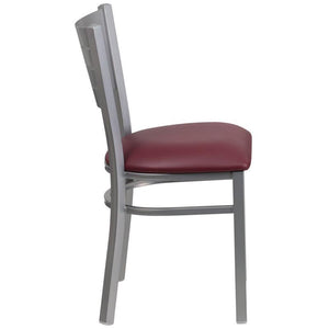 HERCULES Series Silver Slat Back Metal Restaurant Chair - Burgundy Vinyl Seat - Side