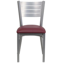 Load image into Gallery viewer, HERCULES Series Silver Slat Back Metal Restaurant Chair - Burgundy Vinyl Seat - Front