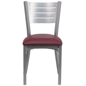 HERCULES Series Silver Slat Back Metal Restaurant Chair - Burgundy Vinyl Seat - Front
