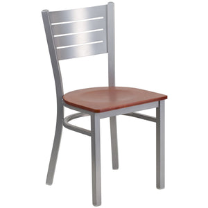 HERCULES Series Silver Slat Back Metal Restaurant Chair - Cherry Wood Seat