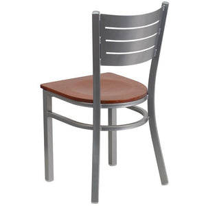 HERCULES Series Silver Slat Back Metal Restaurant Chair - Cherry Wood Seat - Back