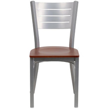 Load image into Gallery viewer, HERCULES Series Silver Slat Back Metal Restaurant Chair - Cherry Wood Seat - Front