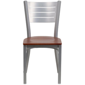 HERCULES Series Silver Slat Back Metal Restaurant Chair - Cherry Wood Seat - Front