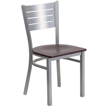 Load image into Gallery viewer, HERCULES Series Silver Slat Back Metal Restaurant Chair - Mahogany Wood Seat