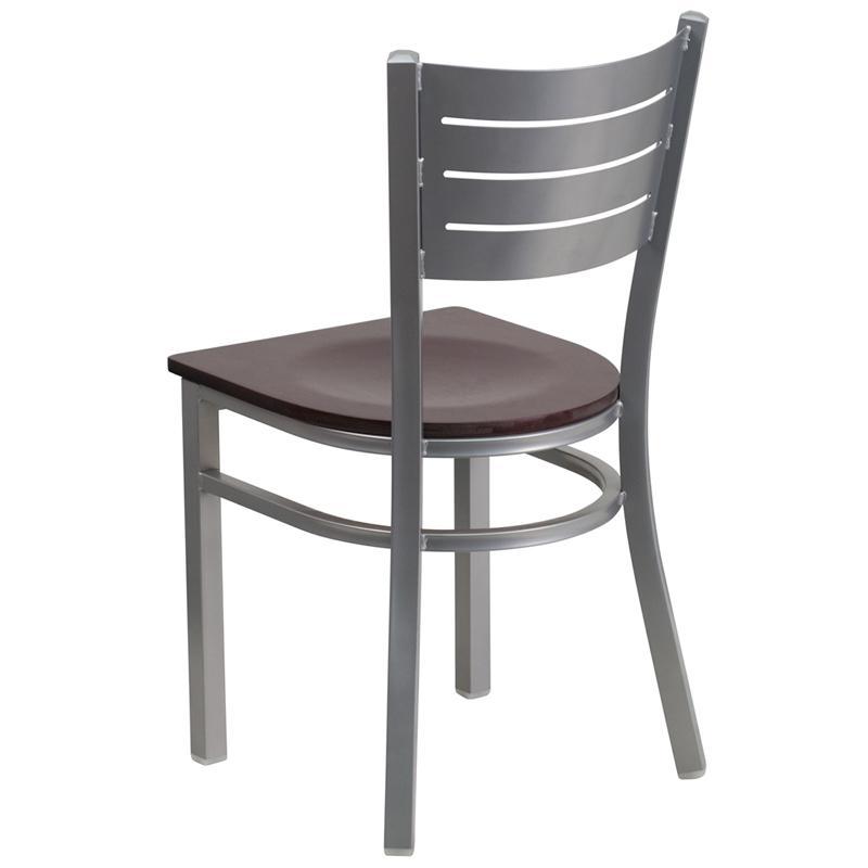 HERCULES Series Silver Slat Back Metal Restaurant Chair - Mahogany Wood Seat - Back