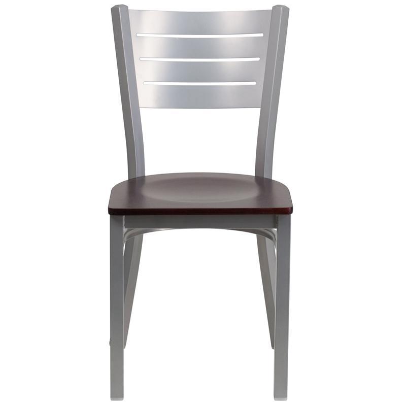 HERCULES Series Silver Slat Back Metal Restaurant Chair - Mahogany Wood Seat - Front