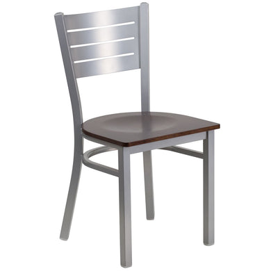 HERCULES Series Silver Slat Back Metal Restaurant Chair - Walnut Wood Seat
