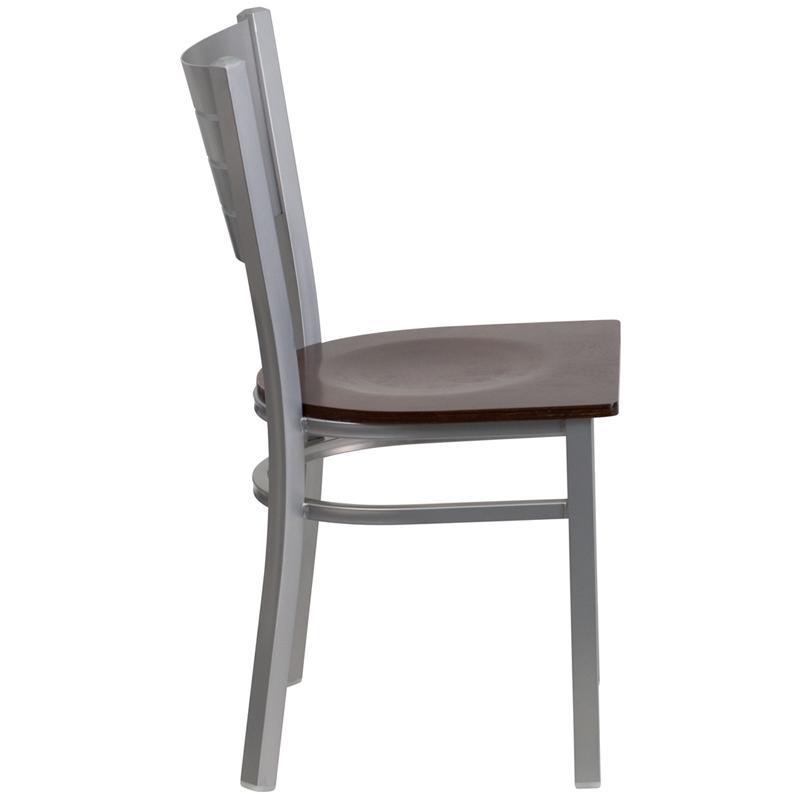 HERCULES Series Silver Slat Back Metal Restaurant Chair - Walnut Wood Seat - Side