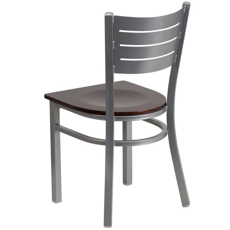 HERCULES Series Silver Slat Back Metal Restaurant Chair - Walnut Wood Seat - Back