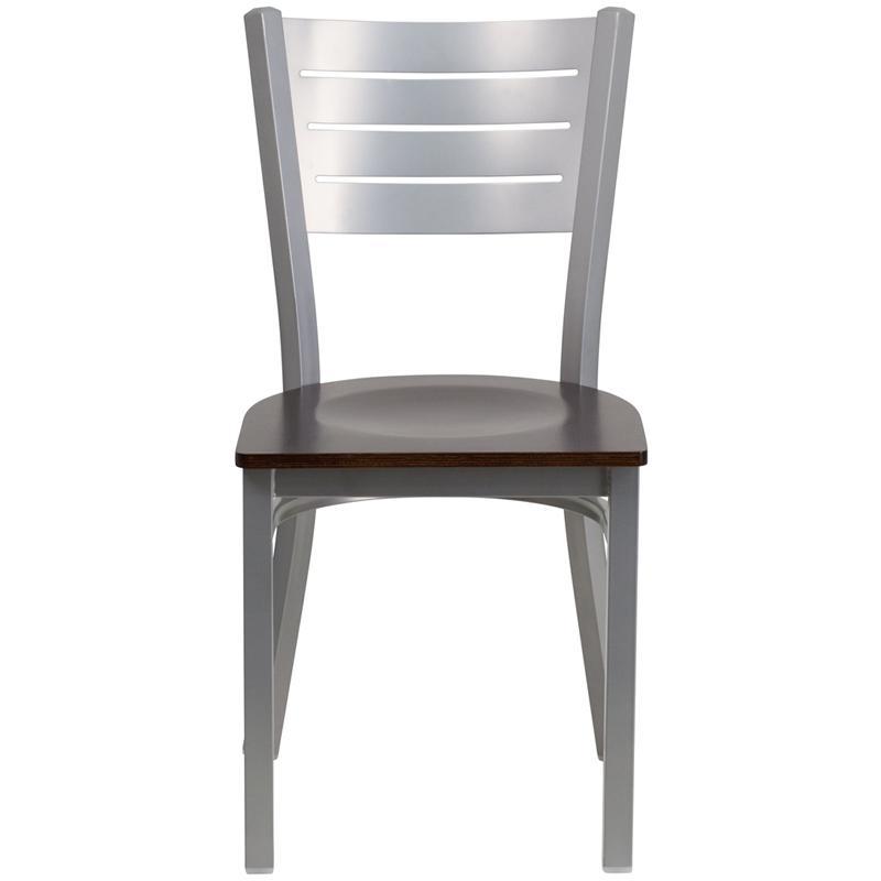 HERCULES Series Silver Slat Back Metal Restaurant Chair - Walnut Wood Seat - Front