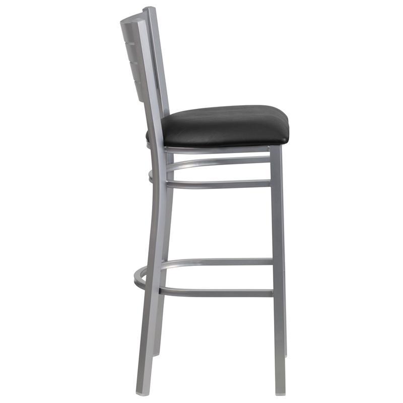 HERCULES Series Silver Slat Back Metal Restaurant Barstool - Black Vinyl Seat - Side