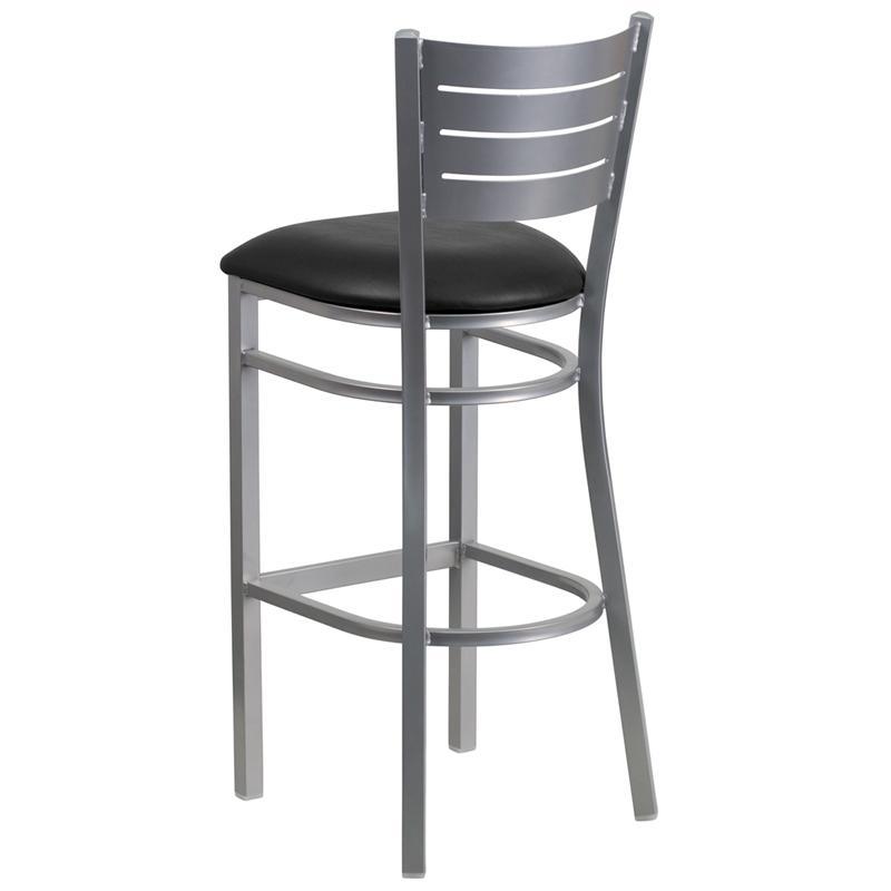 HERCULES Series Silver Slat Back Metal Restaurant Barstool - Black Vinyl Seat - Back