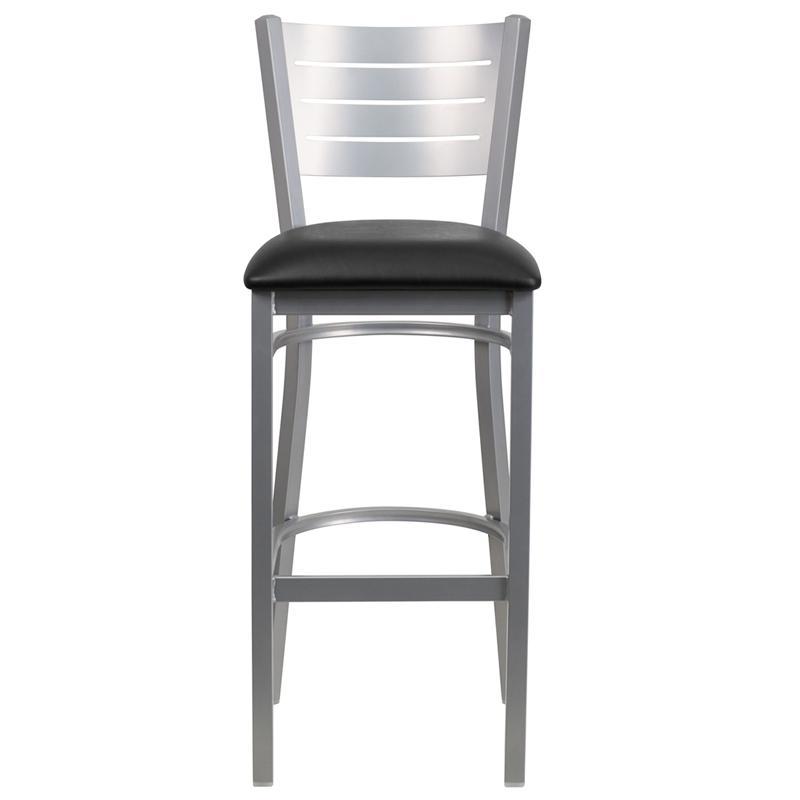 HERCULES Series Silver Slat Back Metal Restaurant Barstool - Black Vinyl Seat - Front