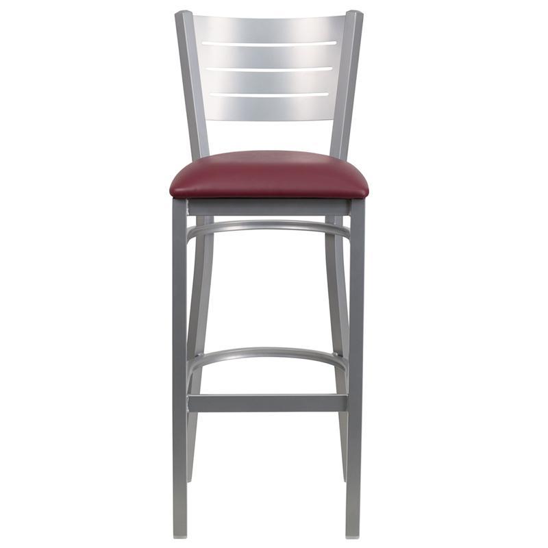 HERCULES Series Silver Slat Back Metal Restaurant Barstool - Burgundy Vinyl Seat - Front