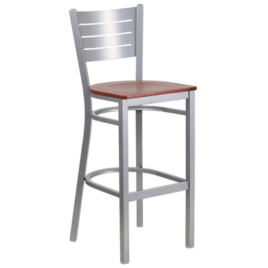 HERCULES Series Silver Slat Back Metal Restaurant Barstool - Cherry Wood Seat