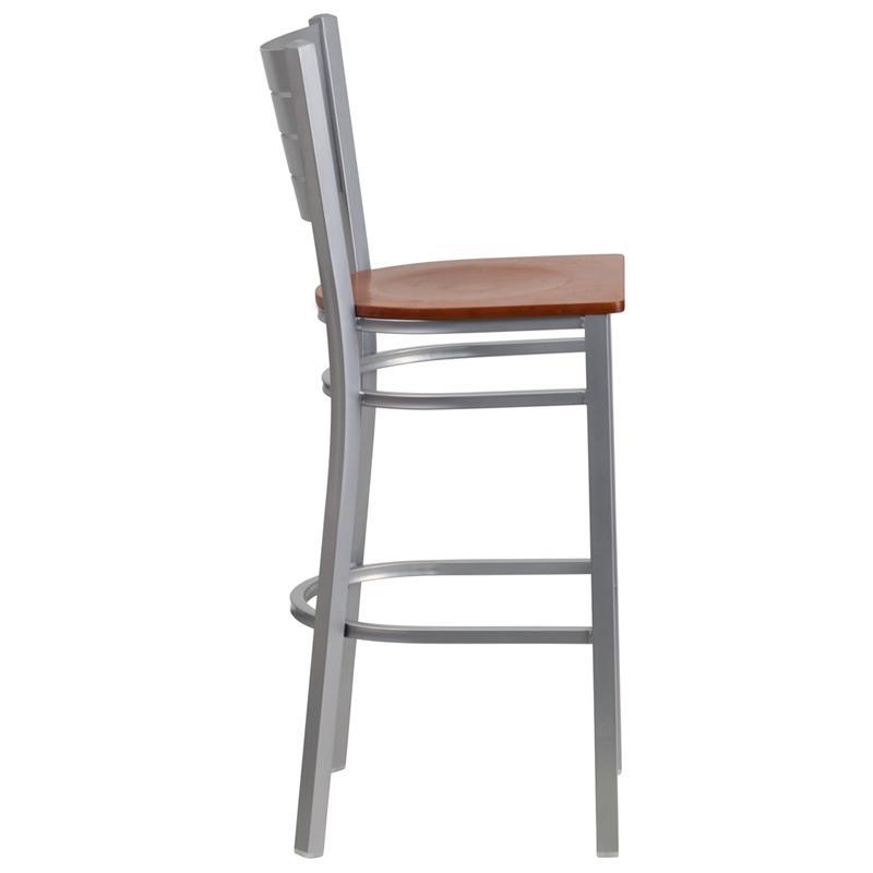 HERCULES Series Silver Slat Back Metal Restaurant Barstool - Cherry Wood Seat - Side