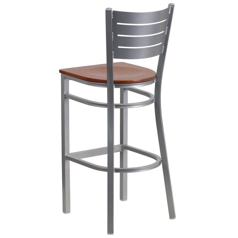 HERCULES Series Silver Slat Back Metal Restaurant Barstool - Cherry Wood Seat - Back