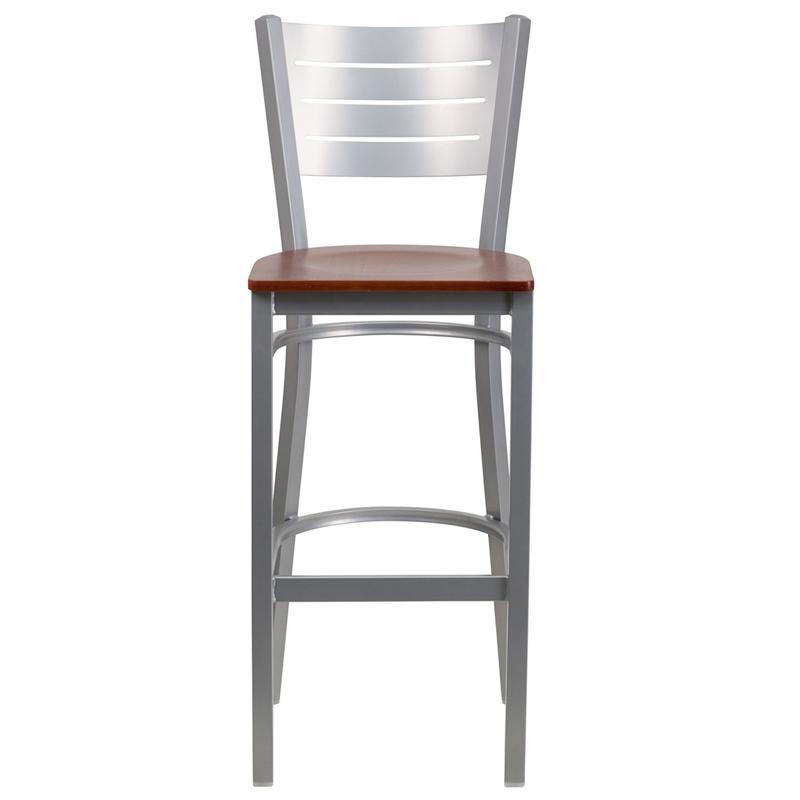 HERCULES Series Silver Slat Back Metal Restaurant Barstool - Cherry Wood Seat - Front